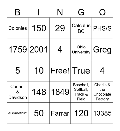 Perrysburg BINGO Card