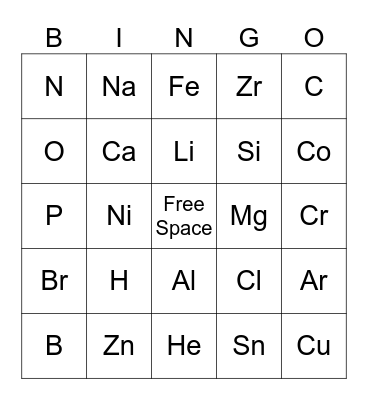 Periodic Table Bingo Card