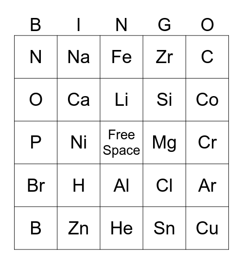 Periodic Table Bingo Card