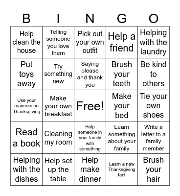 Thanksgiving Break Bingo Card