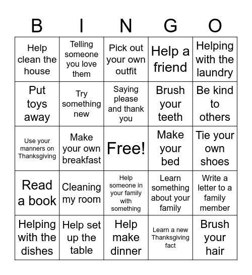 Thanksgiving Break Bingo Card