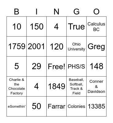 Perrysburg BINGO Card