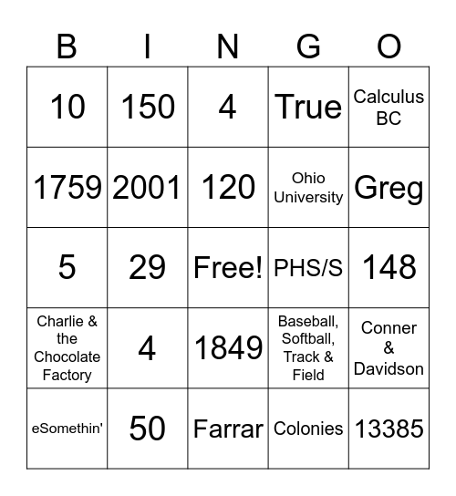 Perrysburg BINGO Card