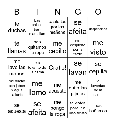 Los verbos reflexivos en Espanol Bingo Card