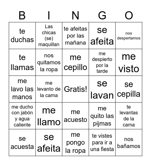 Los verbos reflexivos en Espanol Bingo Card