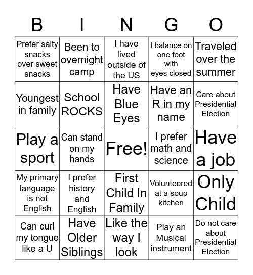 First Day Bingo Card