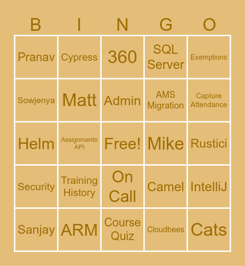 Training Team Bingo Card