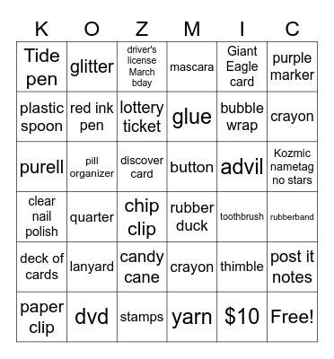 Kozmic Bingo Card