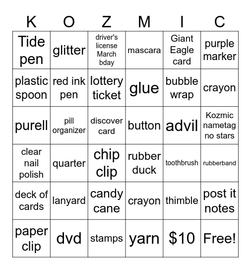 Kozmic Bingo Card