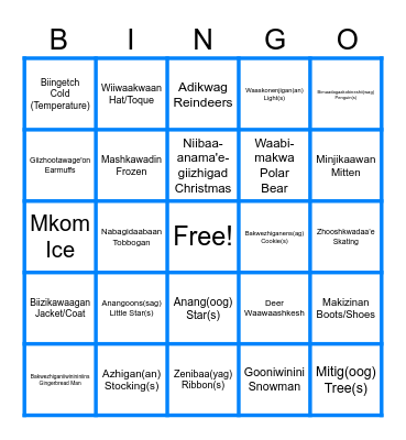 Anishinaabemowin Bingo- Winter Words Bingo Card