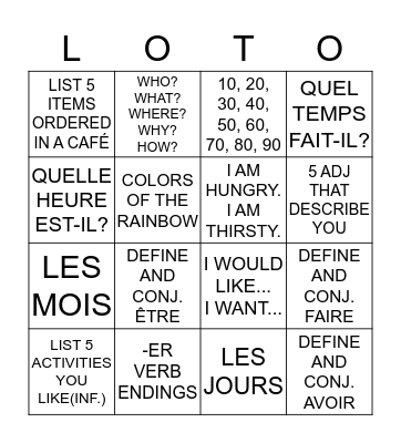 FRENCH II: REVIEW Bingo Card