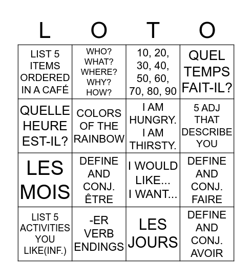 FRENCH II: REVIEW Bingo Card