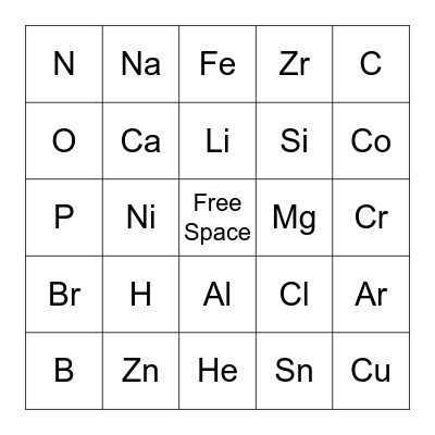 Periodic Table of Elements Bingo Card