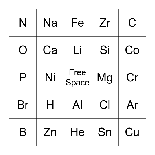 Periodic Table of Elements Bingo Card