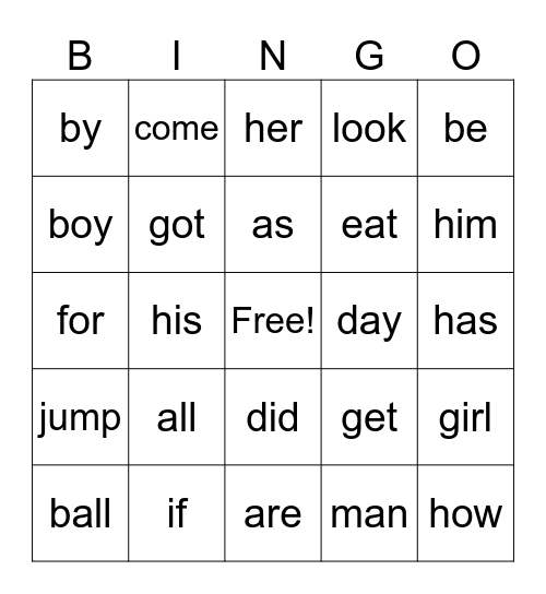 50 words bingo Card