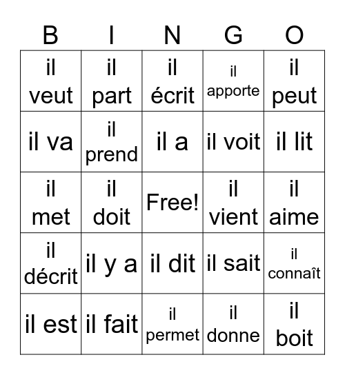 FRENCH 1 - WEEKS 1-5 Bingo Card