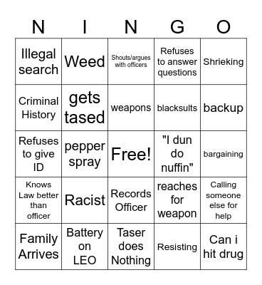 Cops Bingo Card