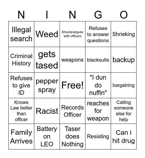 Cops Bingo Card