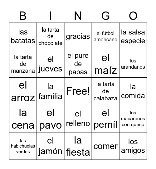 El Día de Acción de Gracias Bingo Card