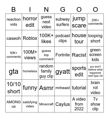 shorts bingo Card