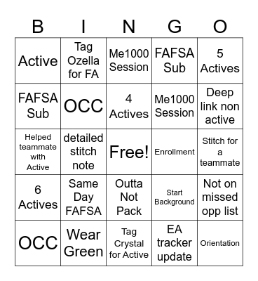 Start Day Bingo Card