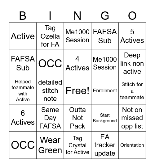 Start Day Bingo Card