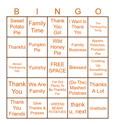 Thanksgiving BINGO Card