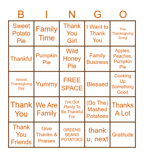 Thanksgiving BINGO Card