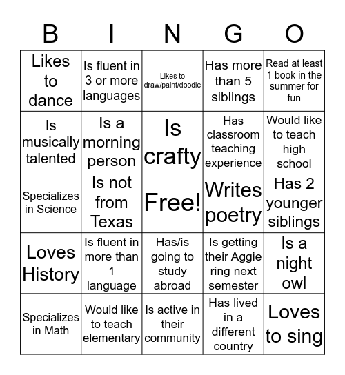 PEOPLE Bingo Card