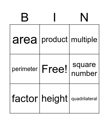 Perimeter and Area Bingo Card