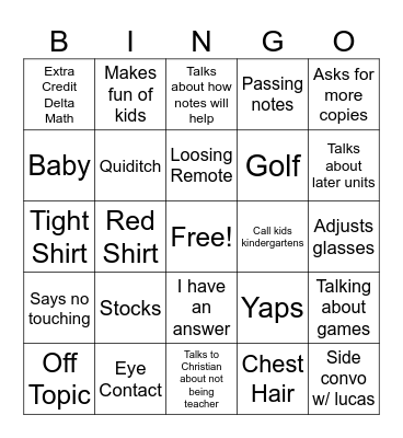 Mr. Rothert Bingo Card