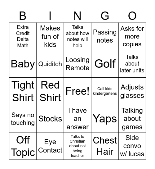 Mr. Rothert Bingo Card