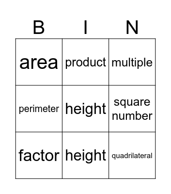 Perimeter and Area Bingo Card