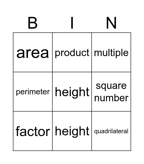 Perimeter and Area Bingo Card