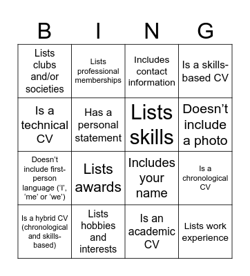 CV Bingo Card