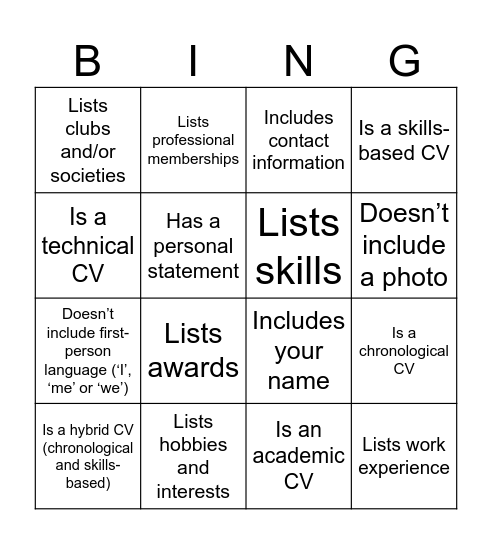 CV Bingo Card