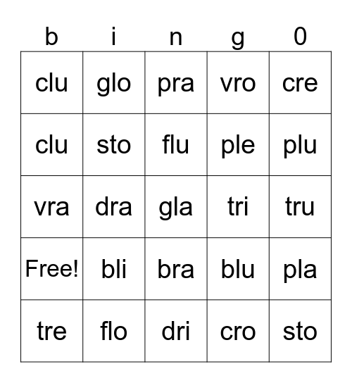 Syllabes CCV Bingo Card