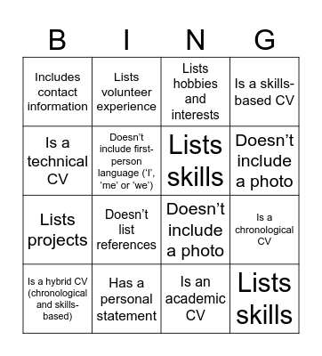 CV Bingo Card