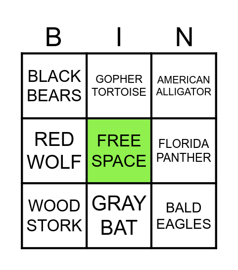 Endangered Species Bingo Card