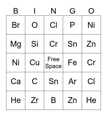 Periodic Table of Elements Bingo Card