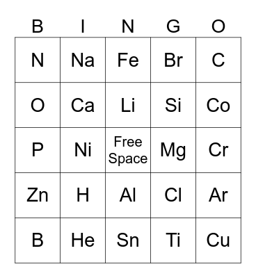 Periodic Table of Elements Bingo Card