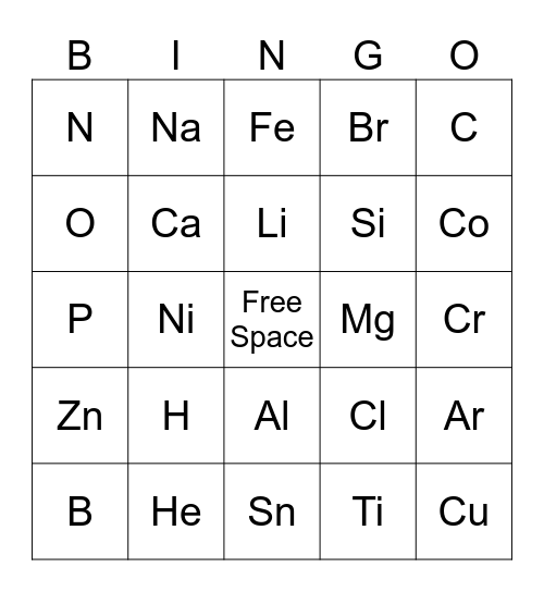 Periodic Table of Elements Bingo Card