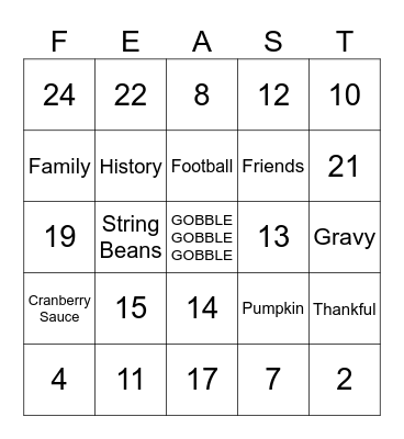 Turkey Bingo Card