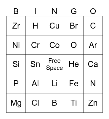 Periodic Table of Elements Bingo Card