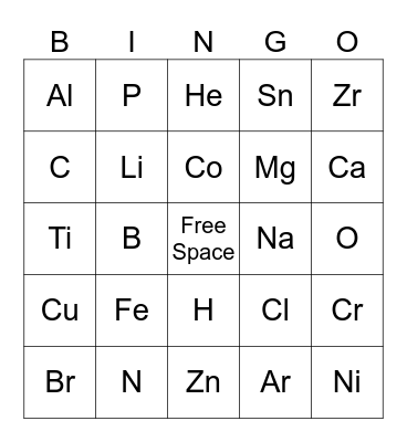 Periodic Table of Elements Bingo Card