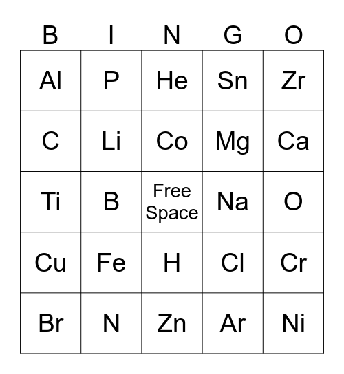 Periodic Table of Elements Bingo Card