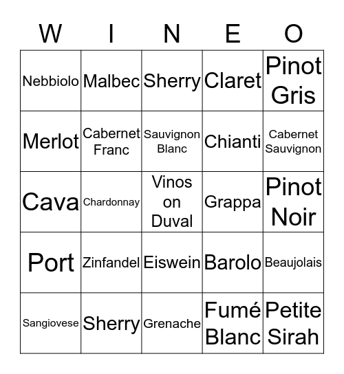 Vinos Wine Bingo! Bingo Card