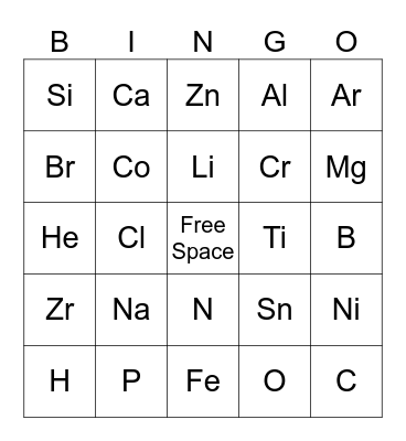 Periodic Table of Elements Bingo Card