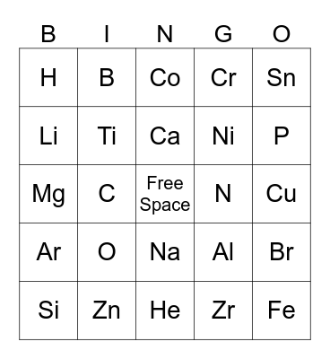 Periodic Table of Elements Bingo Card