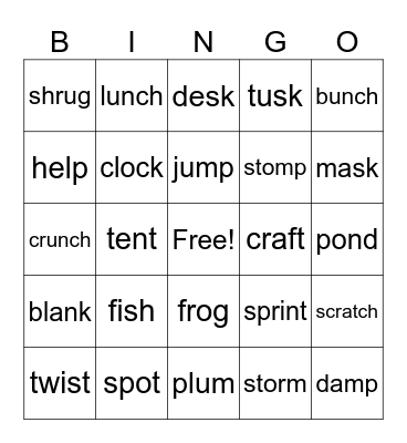 Single Closed Syllables Bingo Card